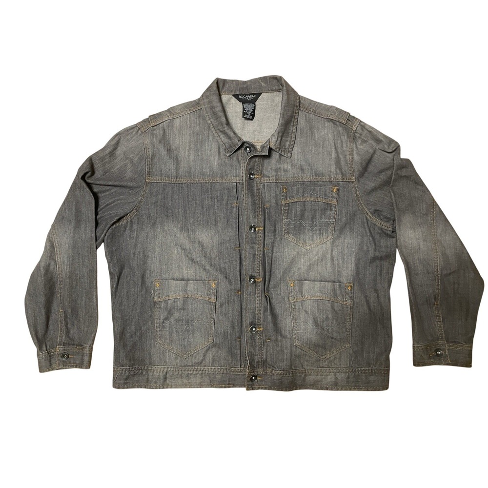 Rocawear Mens Grey Denim Trucker Jacket Faded Wash Size 48 Streetwear Y2K 90s‎
